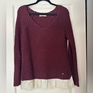 Hollister Burgundy Knit Sweater with Lace Hem - Size S